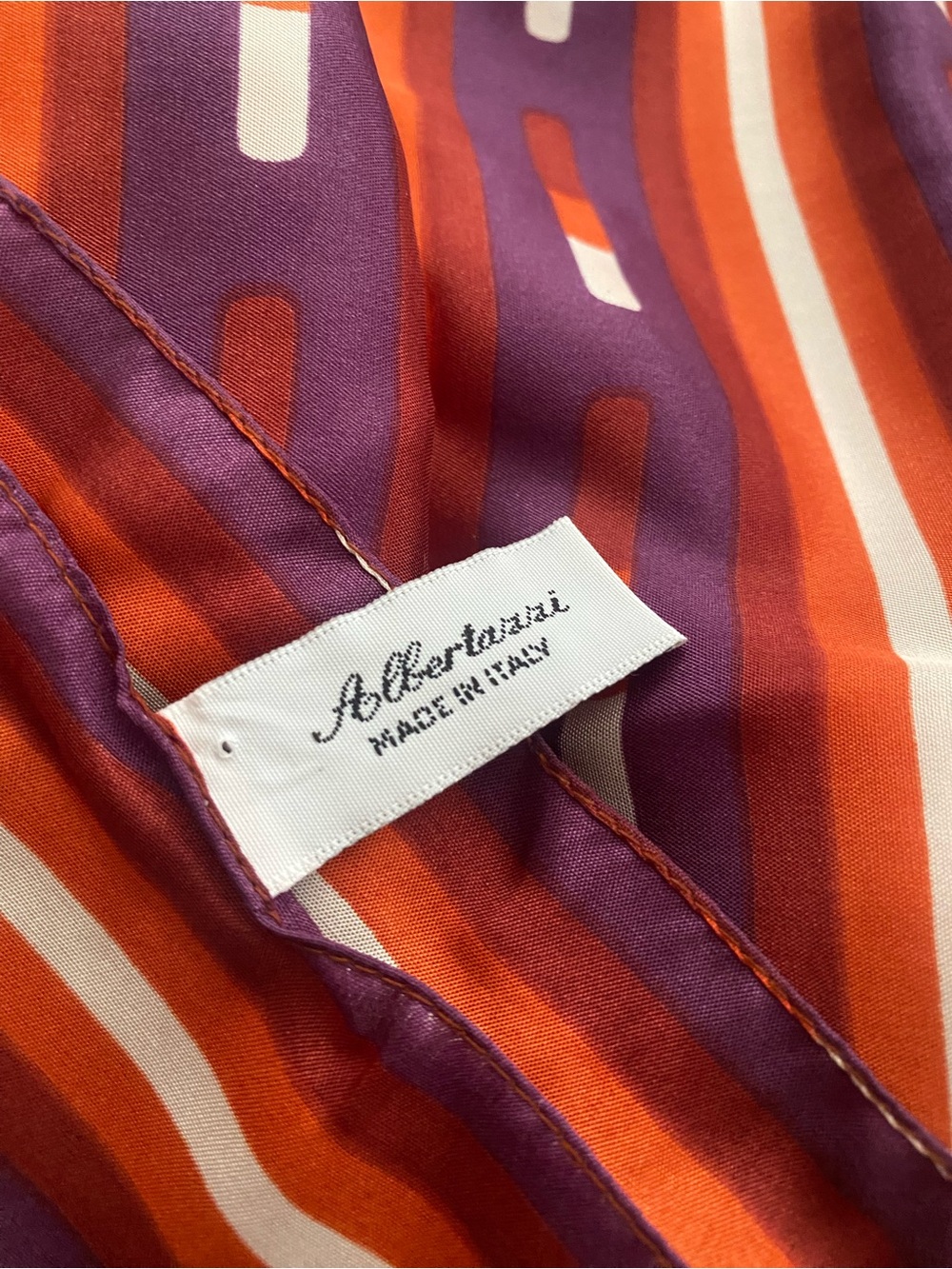 Vtg Albertazzi Striped Silk Scarf in Orange, Purple & White classic graphic boho